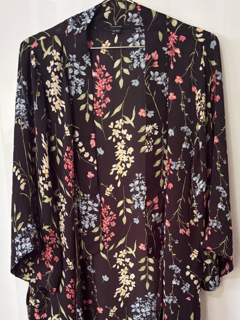 Tahari| Black Floral Long Sleeve Kimono Jacket Pink, Blue & Cream Blooms Sz L/XL
